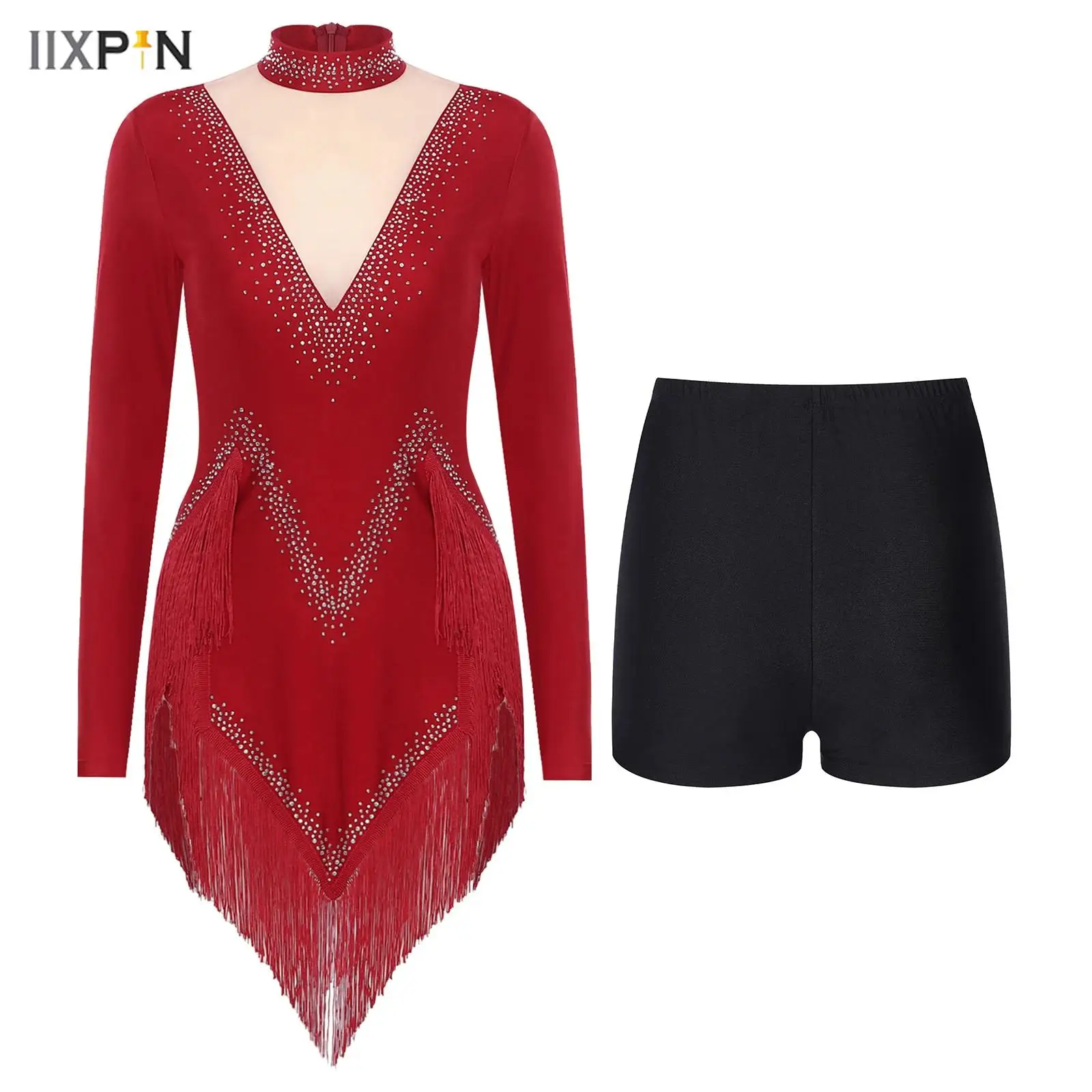 

2Pcs Womens Latin Dance Dress Mock Neck Long Sleeve Irregular Hem Shiny Rhinestones Tassel Dress with Shorts Cha-Cha Tango Samba