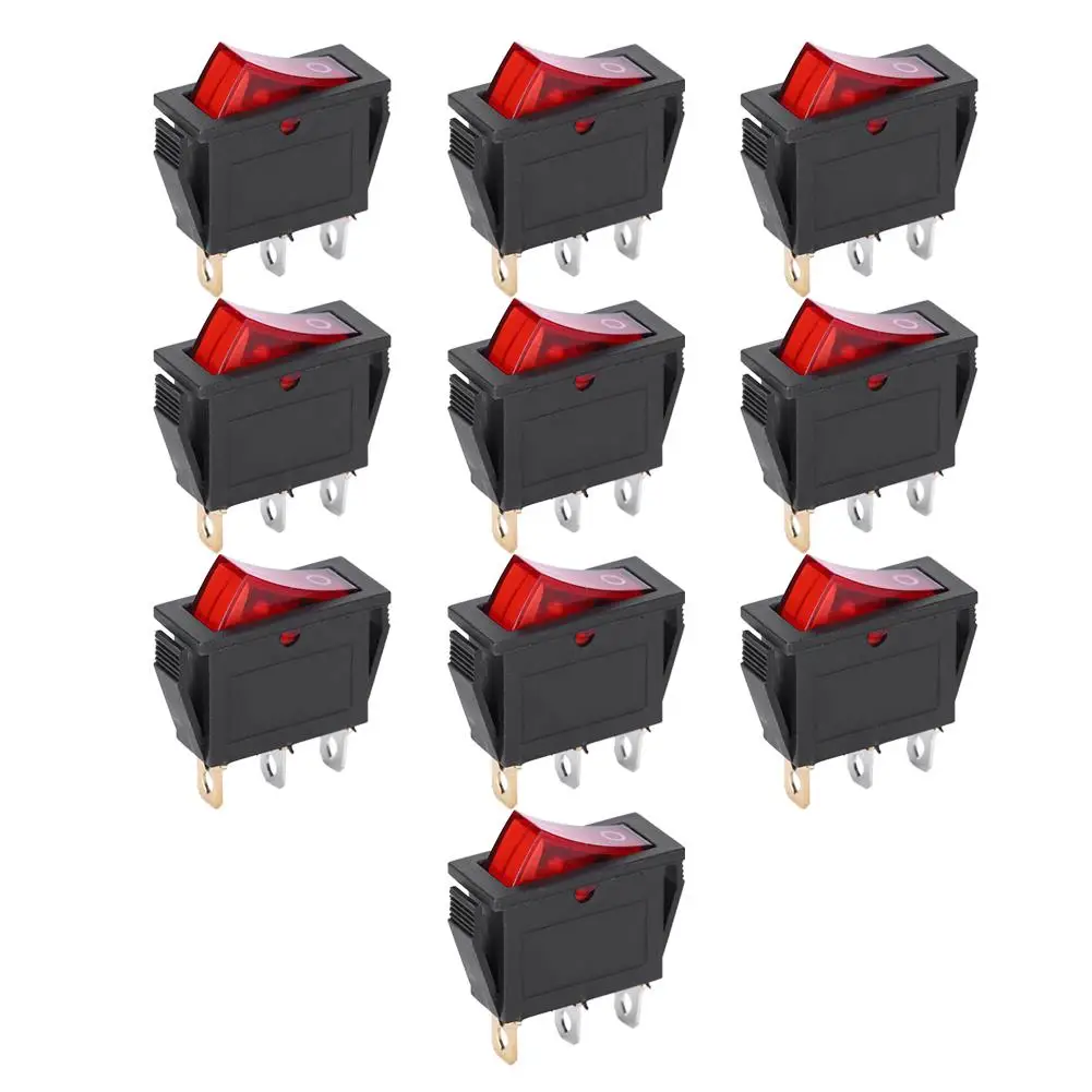 10PCs KCD3 3-Pin Rocker Switch with Red Light - On/Off 2-Position for Household Appliances Accessory
