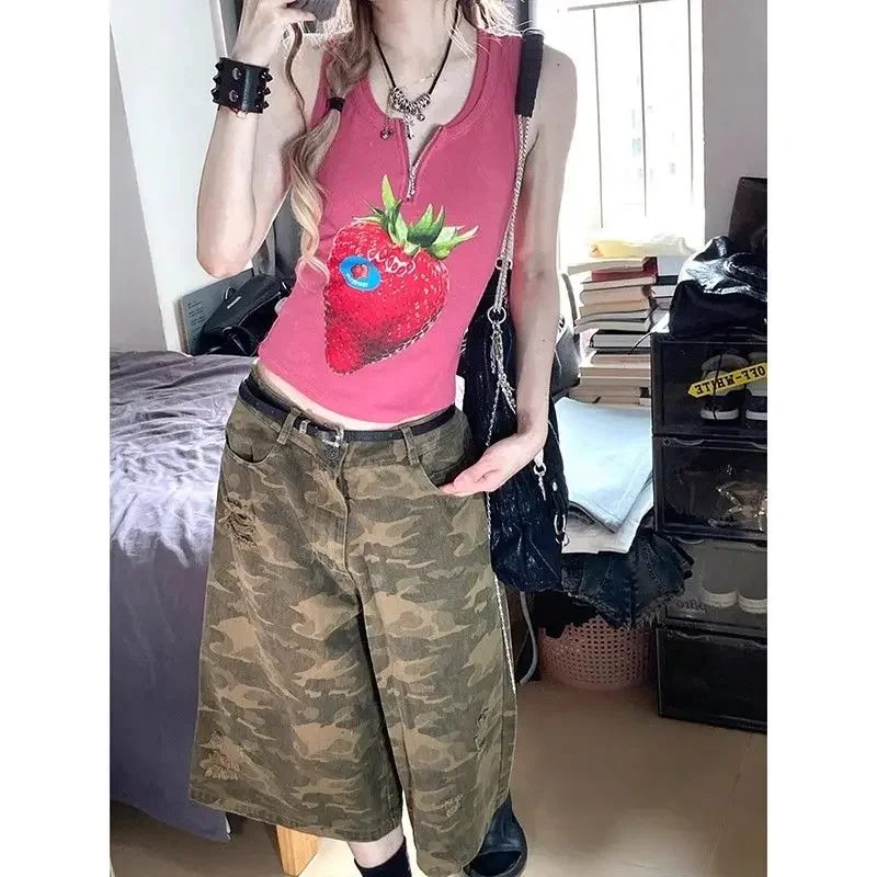 American Hotsweet Women Y2k Vintage Fruit Print Camis O Neck Zipper Sleeveless Tshirts Slim Waist High Street Tanks Tops Summer