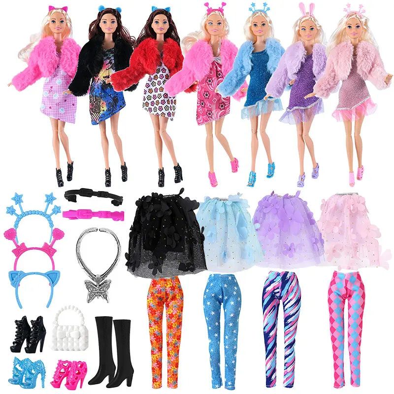 1Zestaw ubrań dla Barbie i oryginalnych akcesoriów Moda Pluszowa kamizelka Płaszcz Spodenki jeansowe dla lalki Barbie 30 cm Akcesoria imprezowe