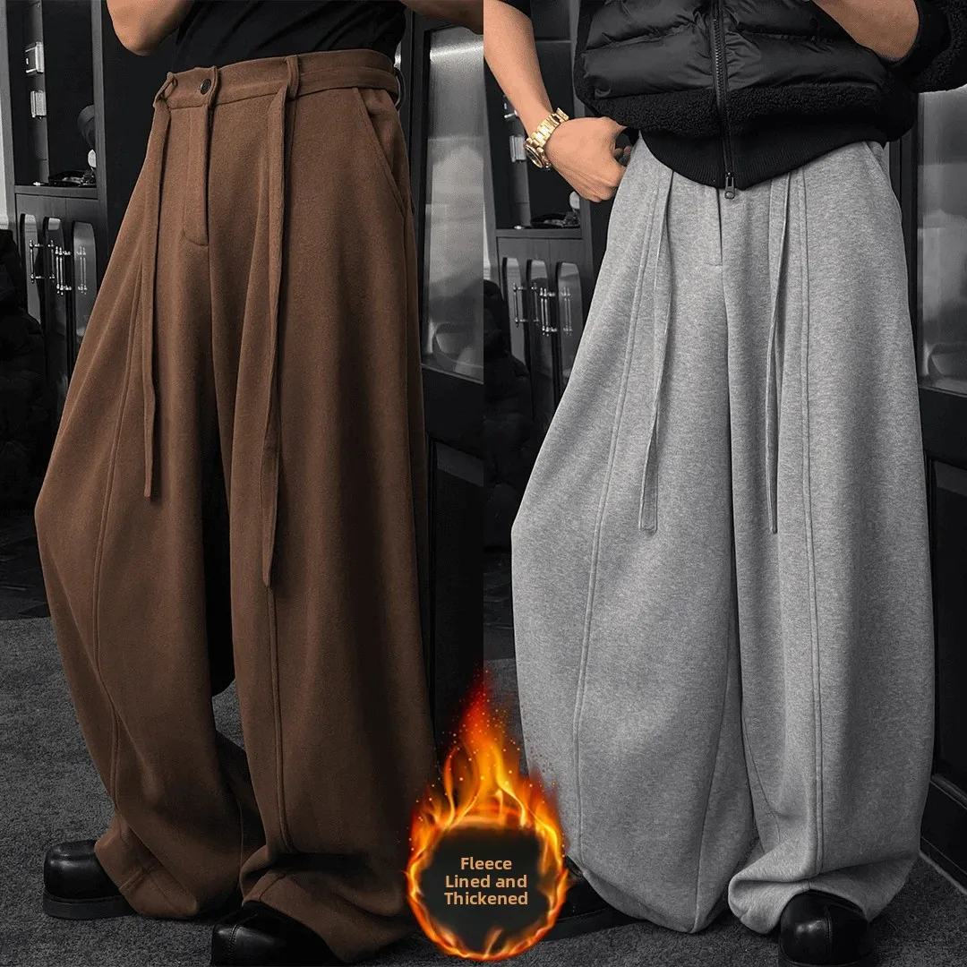 

Мужские зимние повседневные брюки с высокой талией на шнурке, широкие штанины, из смесового полиэстера, хлопка и нейлона, в деловом стиле