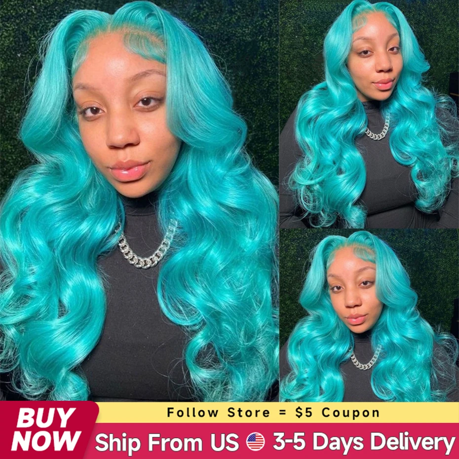 13x6 Teal Ocean Blue Lace Front Wig Human Hair Body Wave 613 Blonde Lace Frontal Wig Preplucked Mint Green Color Human Hair Wigs