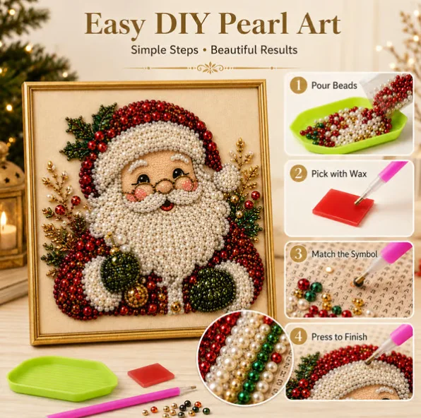 Christmas Pearl Diamond Painting Art Set With Frame DIY Pearl Beads Craft Kit For Adults Beginner Home Decor Wall Art Party Gift