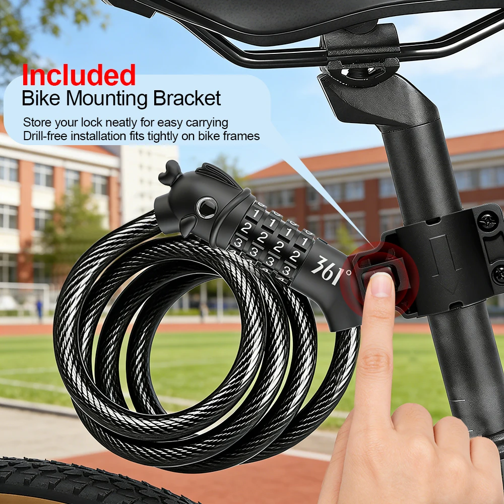361 Degrees Bike Lock 4 Digit Code Combination Cable Lock Stronger Anti Theft Bike Cable Locks for Bicycle MTB Electric Scooter