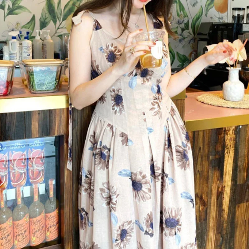 O-neck Bow Tied Straps Slim Robe Femme Summer Vintage Floral Print Patchwork Midi Dress Women Elegant Fresh Sleeveless Vestidos