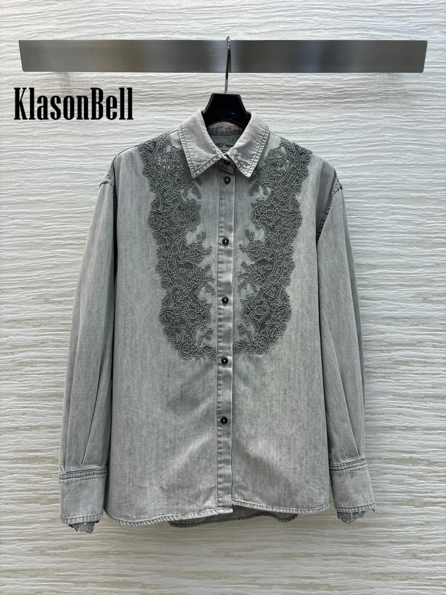 9.10 KlasonBell Women\'s Classic Grey Denim Set Lace Embroidery Applique Long Sleeve Loose Shirt Or Straight Wide Leg Jeans