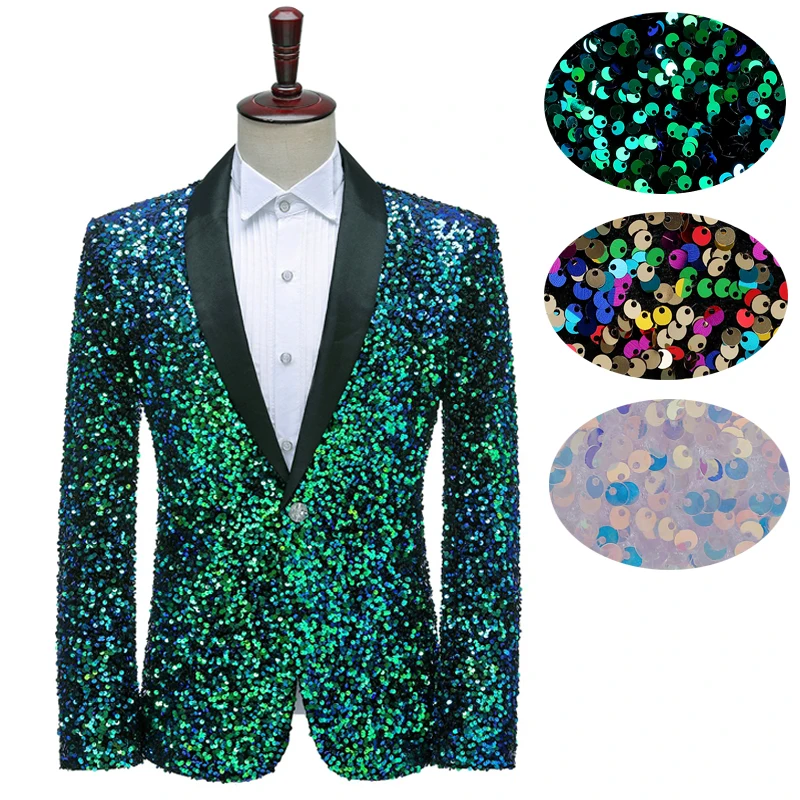 Luxury suit sequined jacket in blue, white, green, jacket with shiny shawl lapel，single blazer，for stage graduation dress