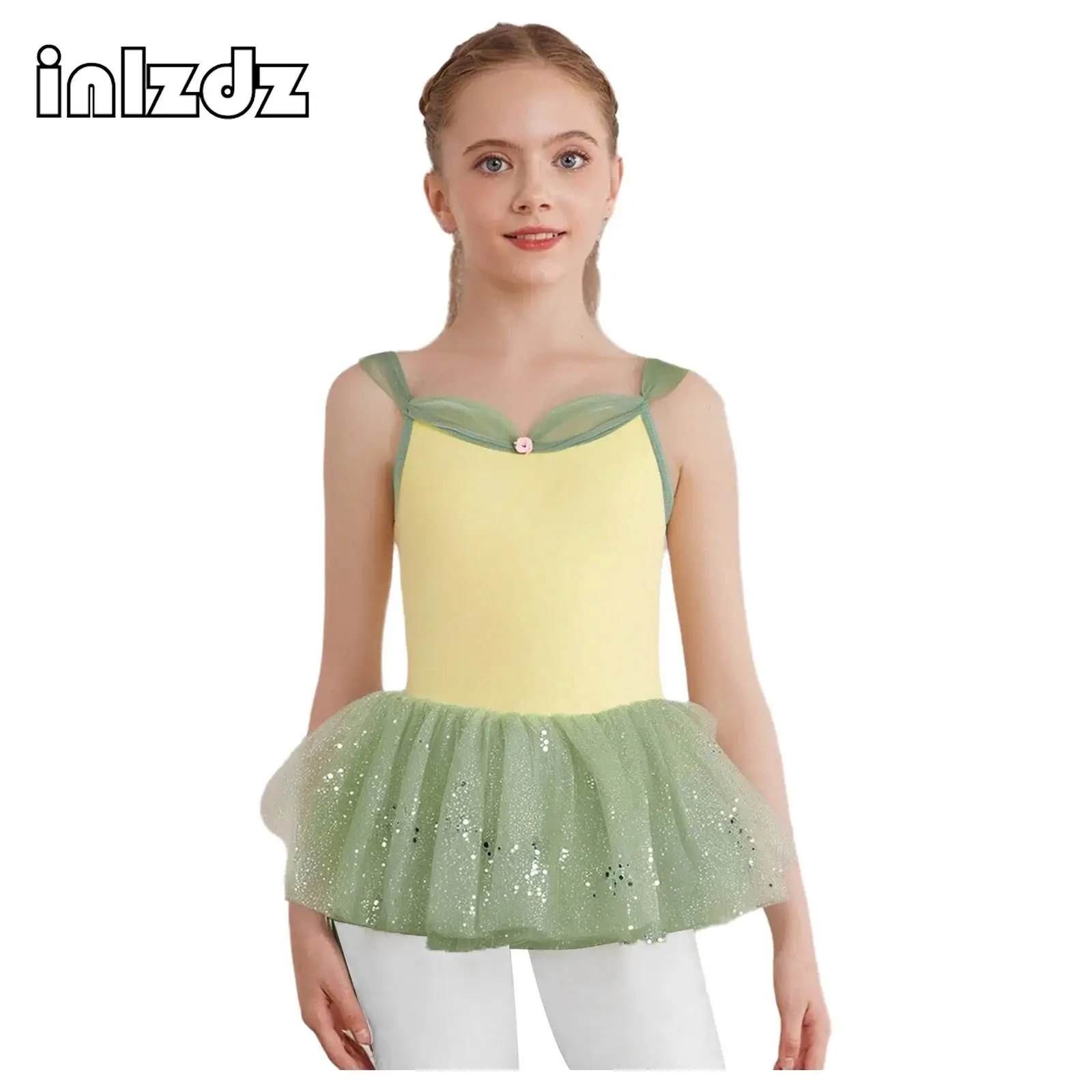 

Kids Girls Ballet Dance Set Sleeveless Straps Butterfly Back Leotard with Shiny Sequins Tulle Tutu Skirt Performance Costume