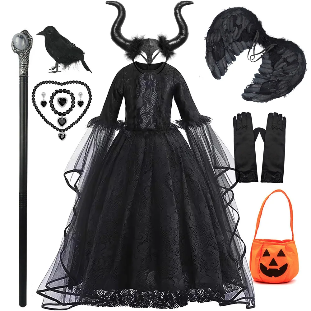 Halloween Kostüm Böse Hexe Cosplay Kleidung Mädchen Verkleidung Kleid Kinder Maleficent Schwarz Tüll Outfits Fantasie Party Kleidung