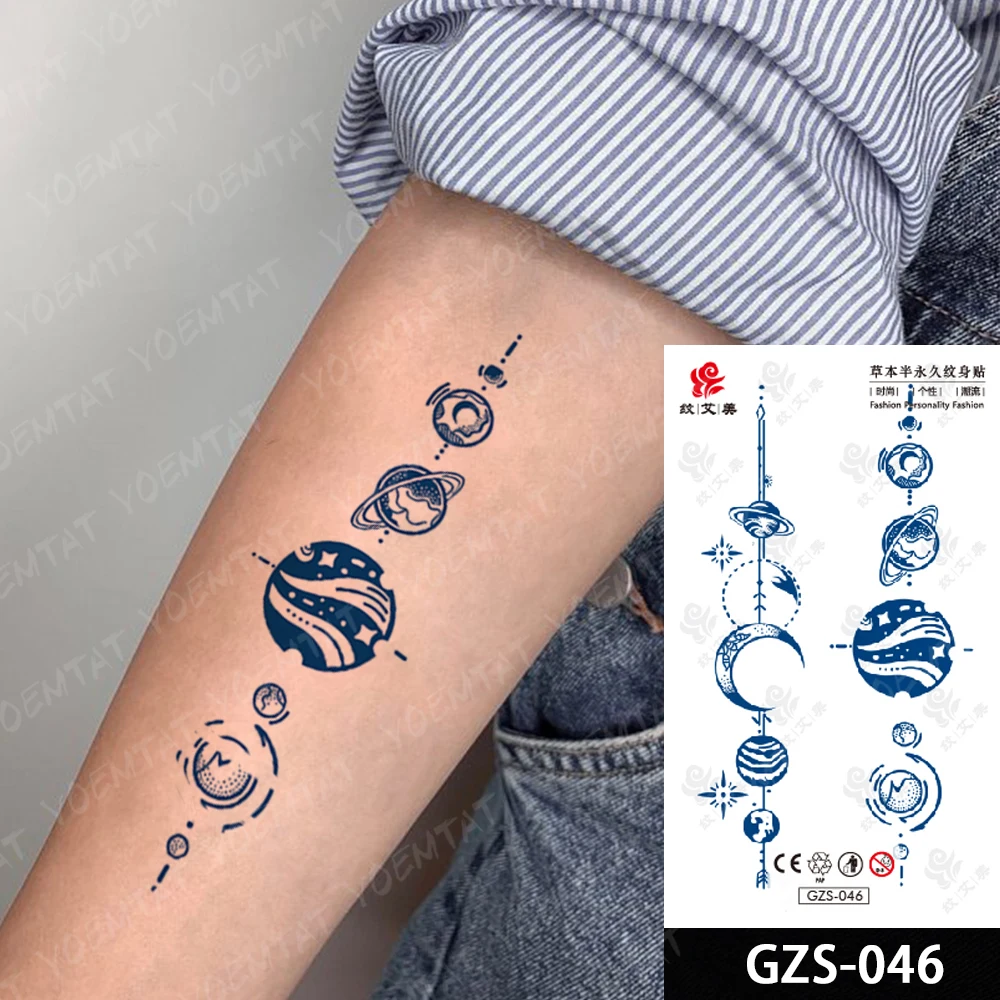 Tatuagem falsa de ervas semi permanente para mulheres, adesivo de Harajuku, impermeável, planeta, tinta de suco, tatuagens duradouras, arte corporal