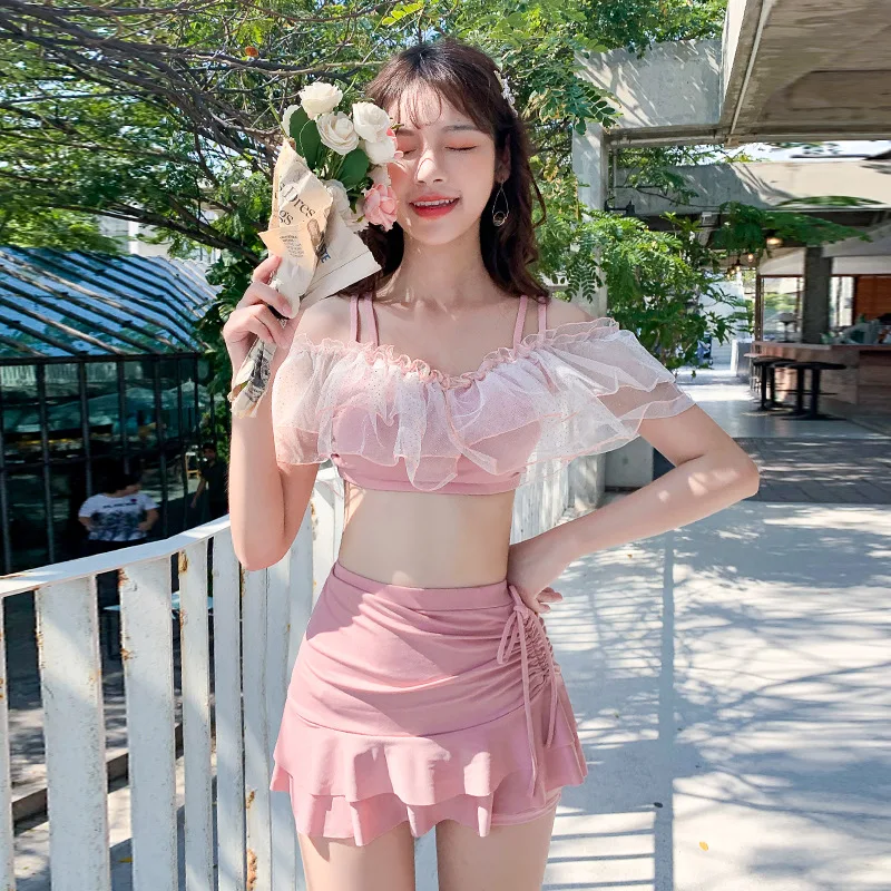 Bikini Set Women Summer Sexy Elegant Backless Tender Ruffles Fashion Korean Style Swimwear Sweet Girls Two Pieces Off Shoulder