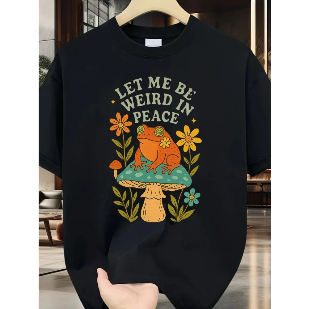 

Men's Funny Frog & Mushroom Graphic T-Shirt with "Let Me Be Weird in Peace" Slogan - Soft Stretchy Casual Streetwear Tee