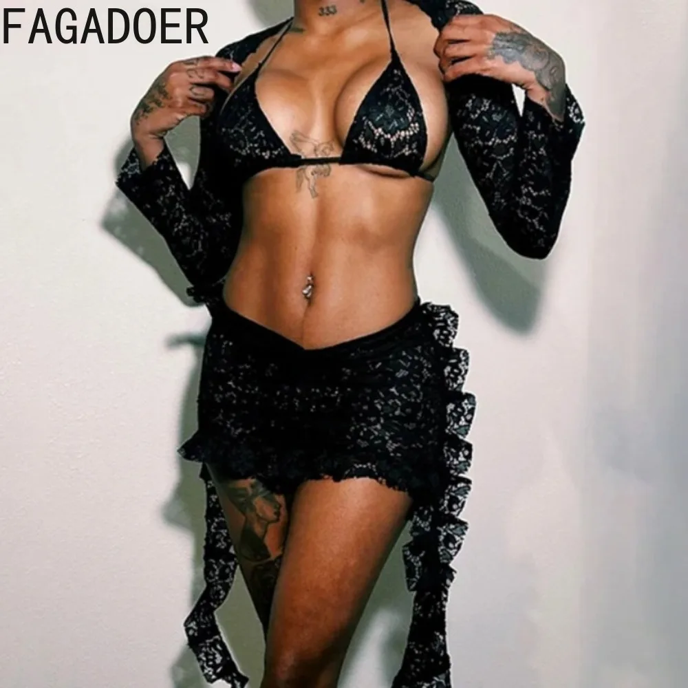 

FAGADOER Black Lace Sexy 3 Piece Sets Women Crop Top + Ruffles Shorts Holidays Party Matching Sets Sexy Fashion Gothic Clubwear