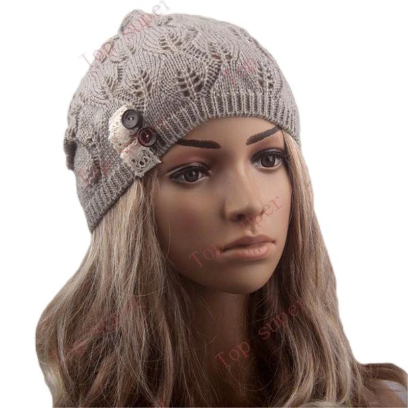 Ladies Fashion Beanie Knitted Autumn Turban Hat Button Hollow Out Women Lace Cap Female Skullies Beanies Hats Spring Knit Cap