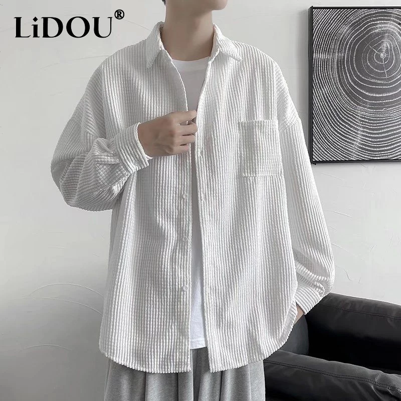 Spring Autumn Casual Vintage Corduroy Loose Blouse Man Long Sleeve Button Fashion Pocket Male Shirt All Match Streetwear Clothes