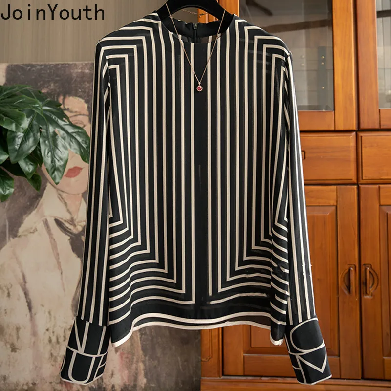 2024 Blusas Mujer De Moda Blouse Women Fashion Striped Print Long Sleeve Shirts Stand Neck Korean Tops Vintage Summer Blouses