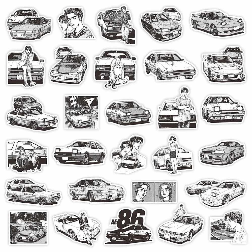 10/30/75pcs Black White Initial D Anime Stickers Cartoon Decals Laptop Motorcycle Travel Luggage Car Classics Sticker Kids Toys