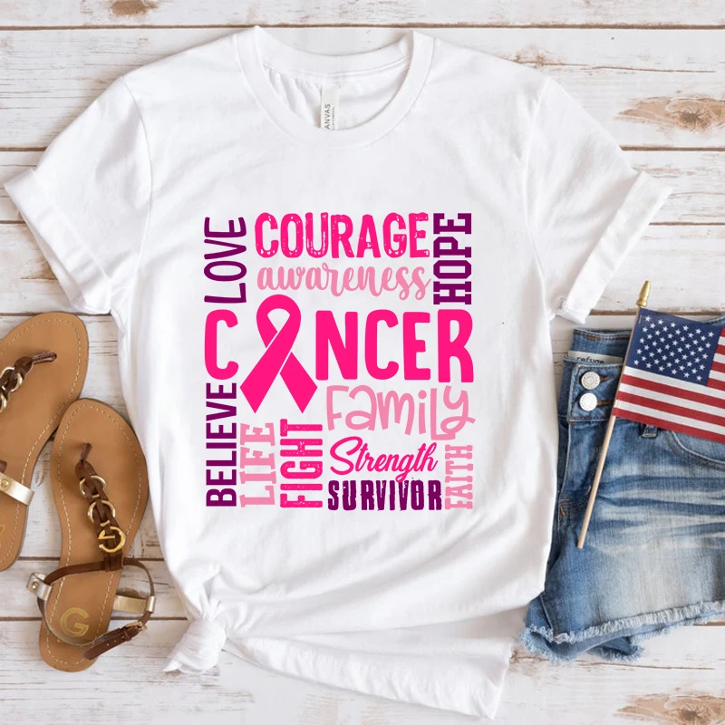 

Hot Breast Cancer Awareness Cancer Letter Printed T Shirts Women Men Casual Short Sleeve Summer Tops