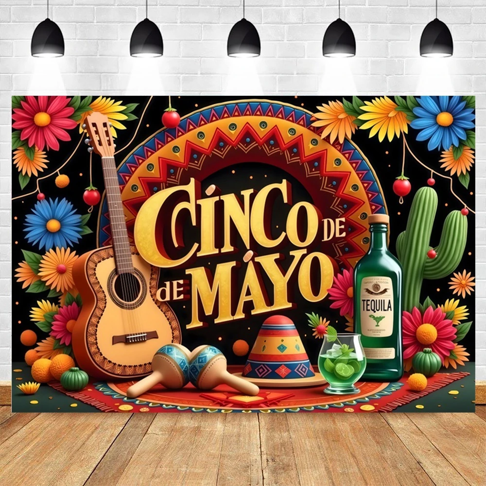 Mexico Cinco de Mayo Backdrop Guitar Cactus Colorful Flag Fiesta Festival Party Decor Photography Background Banner Photo Studio