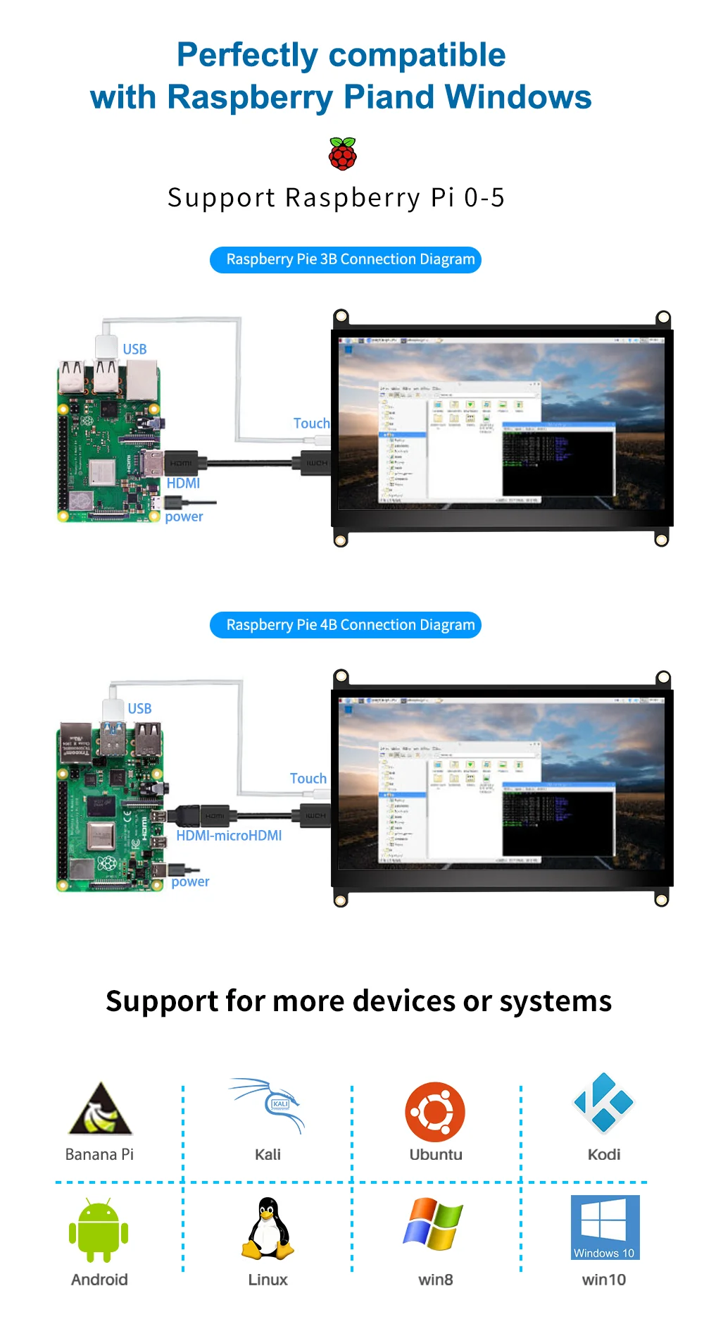 Raspberry Pi 5 7/8 Inch Screen, IPS TFT LCD HDMI Display Touch Screen Monitor 1024*600 1920*1200 HDMI Speaker for DIY Student