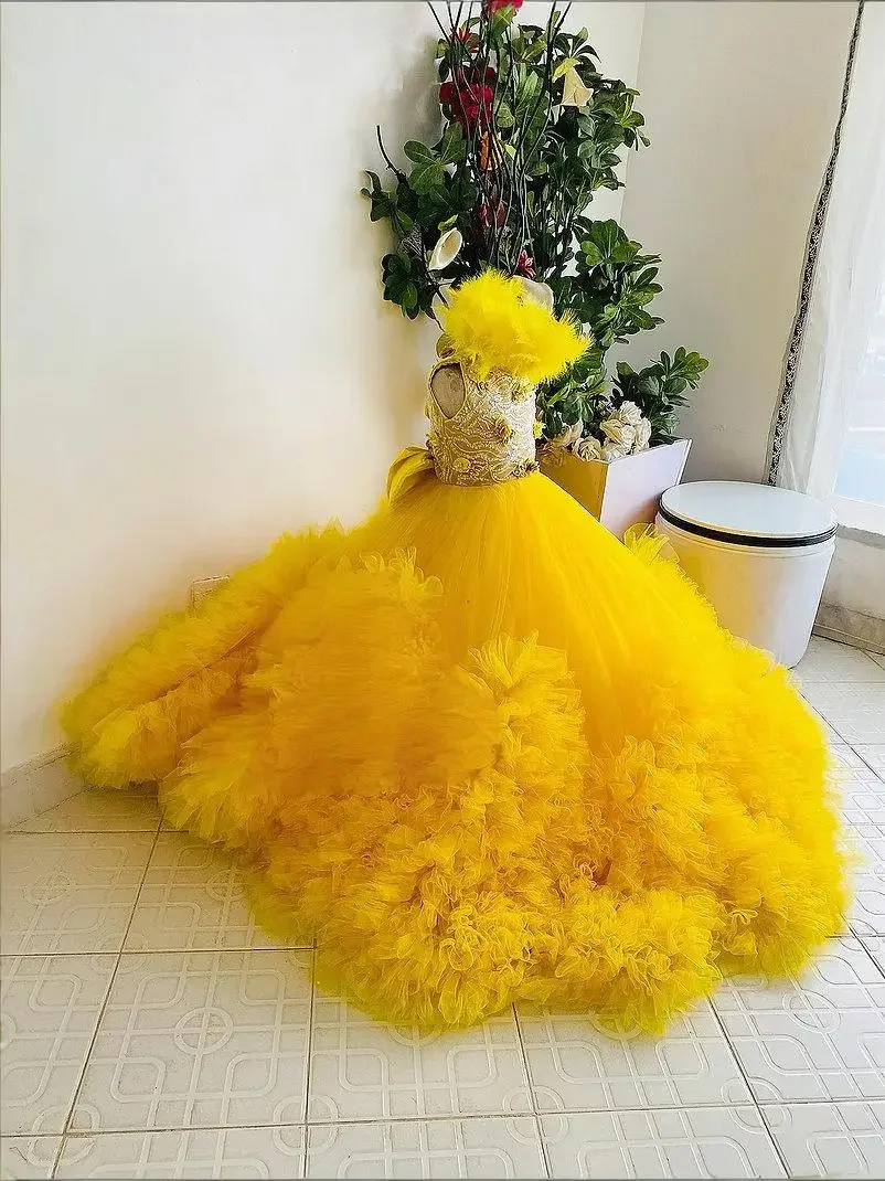 Custom Flower Girl Dress Feather Tulle Wedding Party Dress Kids Birthday Pageant Ruffle Trailing Formal Ball Gown فساتين بنات