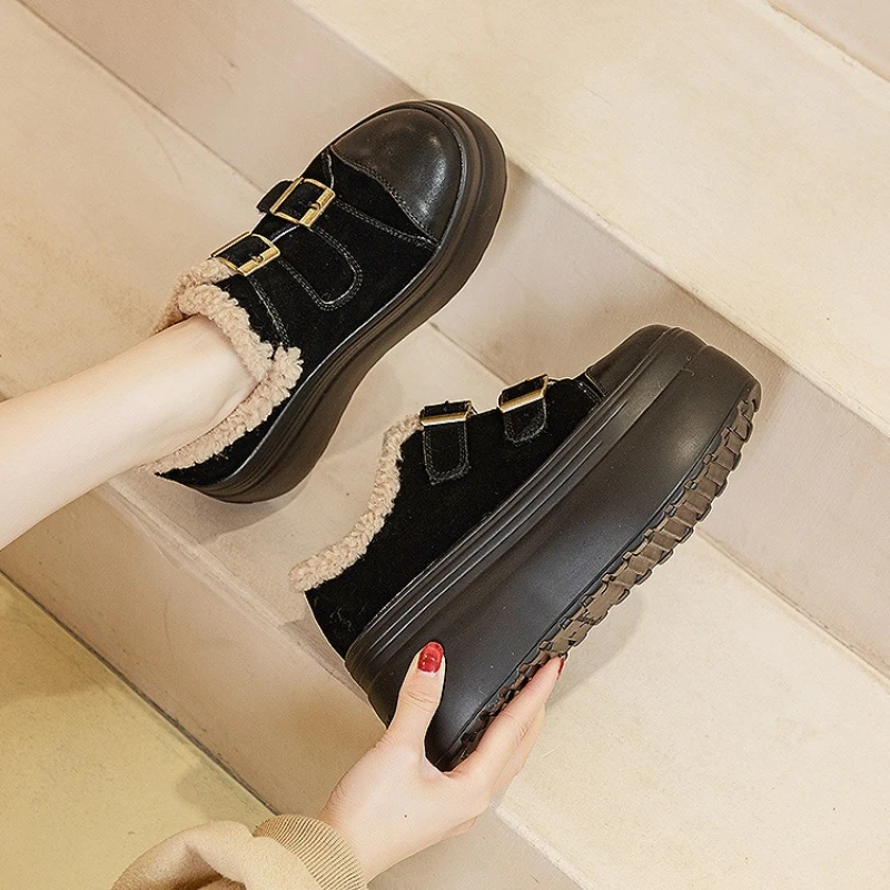 

2025 New 8cm Suede Genuine Leather Chimney Ankle Booties Moccasins Ladies Winter Plush Spring Women Platform Wedge Autumn Shoes