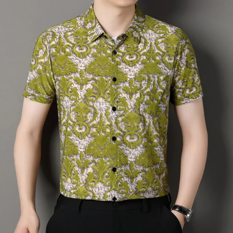 2024 New Summer Men\'s High-end Ice Silk Short Sleeved Floral Shirt Fashion Trend Casual Short Sleeved Shirt