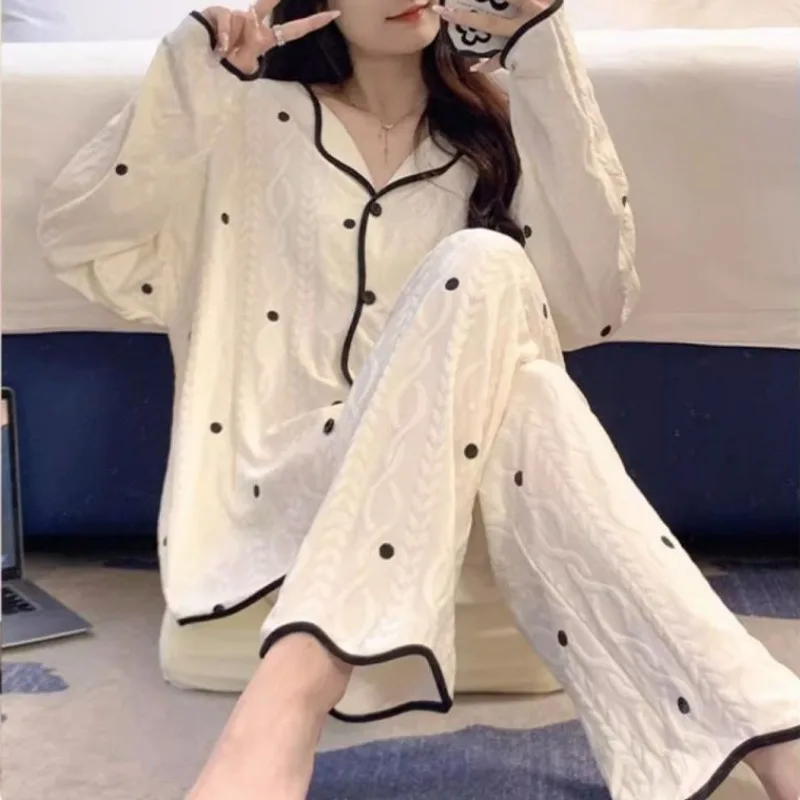 2024 New Women Spring and Autumn Sleepwear Loose Long Sleeve Pants Nightgown Small Fragrance Sweet Pyjamas Lapel Print Sleepwear
