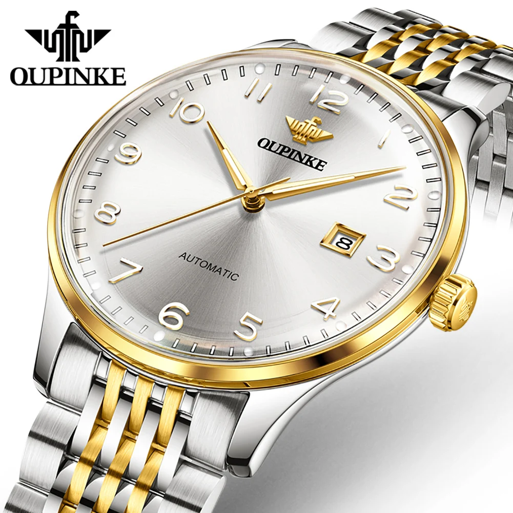 OUPINKE  Fashion Date Mens Watches Top Brand Luxury Stainless Steel Automatic Mechanical Watch For Men Waterproof Sport Relogio