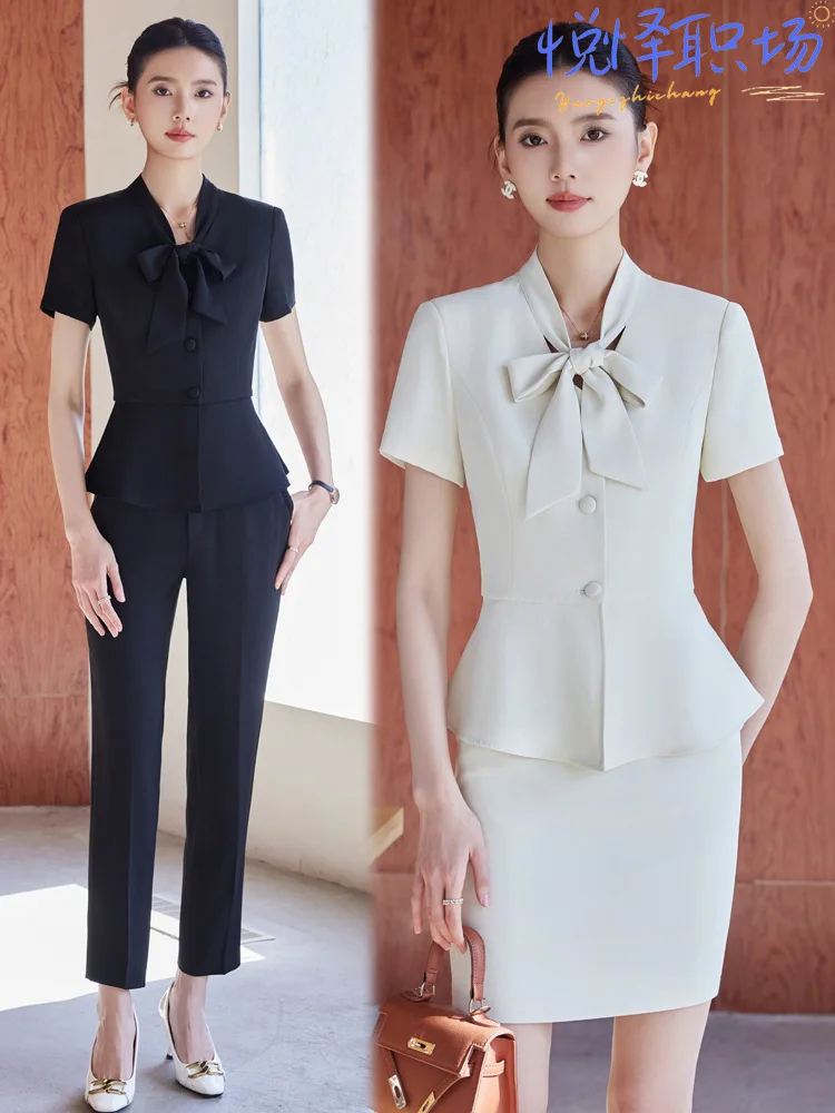 Professional attire with a goddess vibe, short-sleeved summer workwear for beauty salon receptionists, hotel managers, real esta