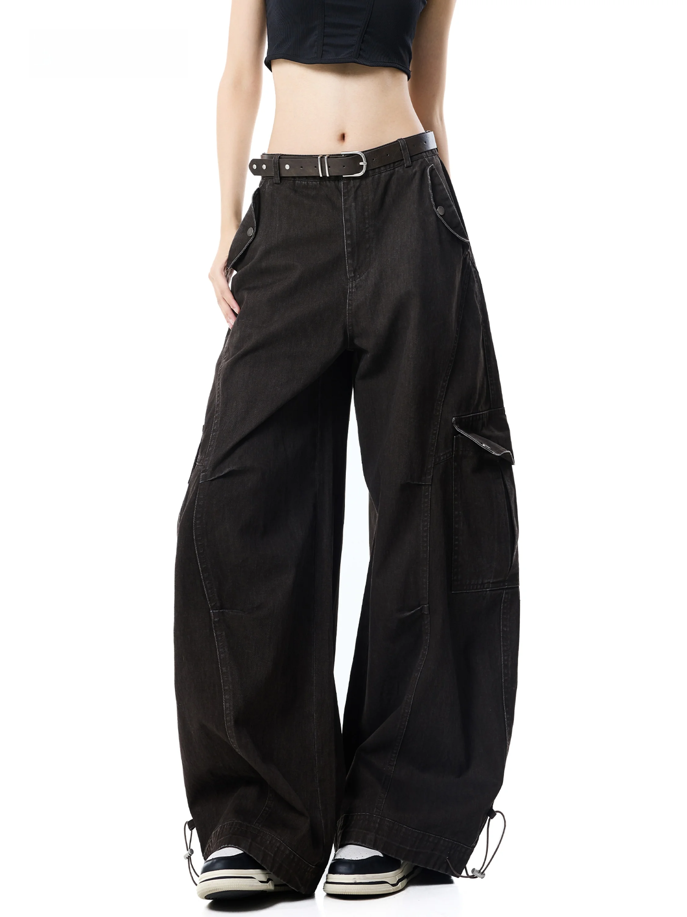 American High Street Style Women's Cargo Pants Autumn Loose Wide Leg Multi Pocket Drapey Casual Long Trousers