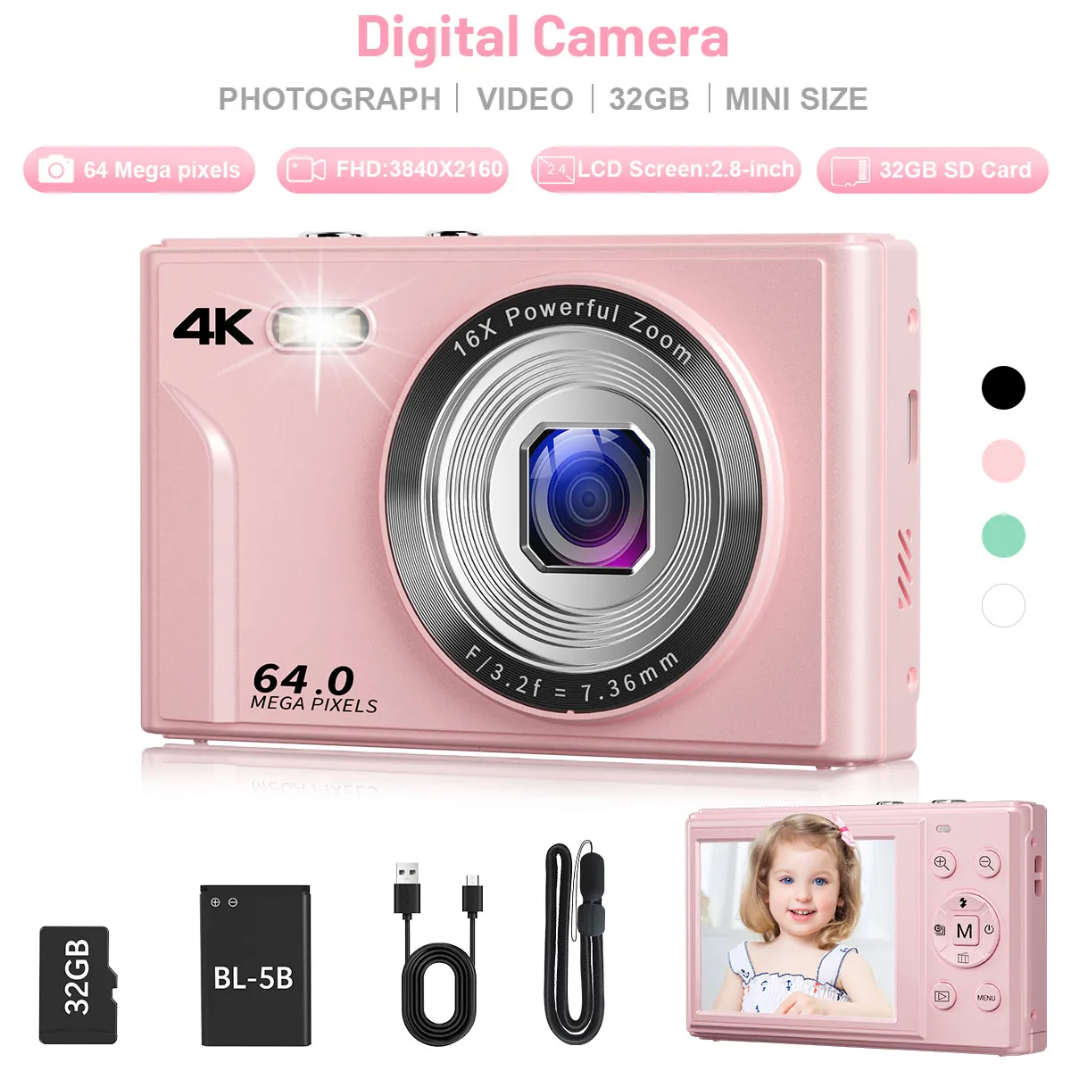 

4K Digital Camera Autofocus Vlogging Camera HD 64MP with 2.8" Large Screen Camcorder Camera for Photography for Kid Adult