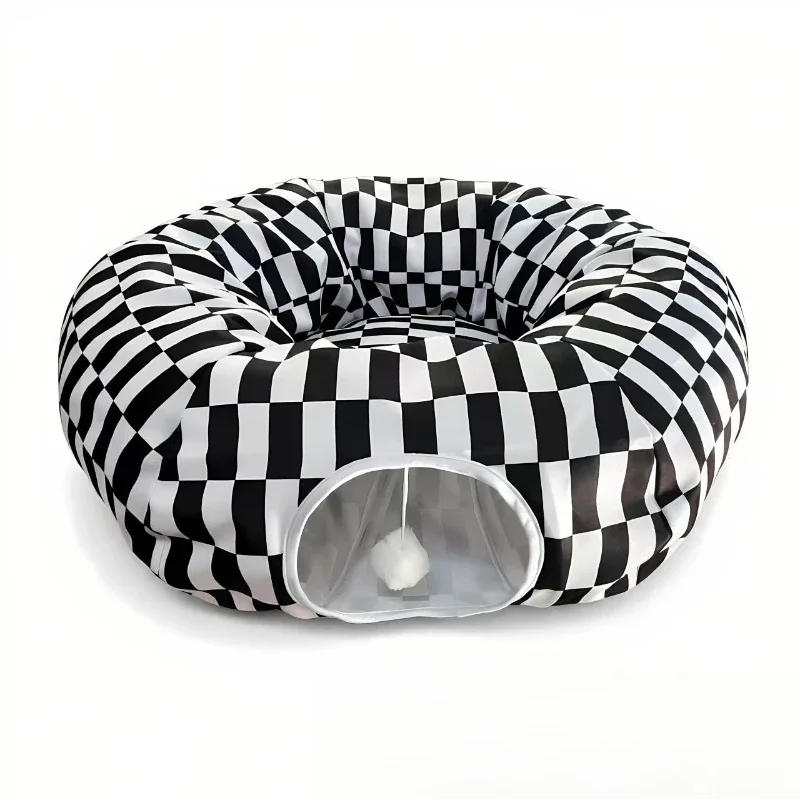 Black and white plaid tunnel cat passage folding cat toy maze
