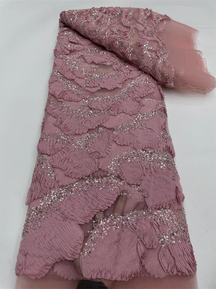 

2025 African Nigerian High-Quality Sequins Embroidery Tulle Lace Fabric Sewing Beads for Prom Dresses 5 Yards