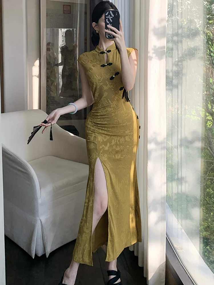 

Women Fashion Jacquard Stand Collar Chic Slit Long Dress Spring Summer Elegant Bodycon Dresses 2026 Korean Luxury Party Vestidos