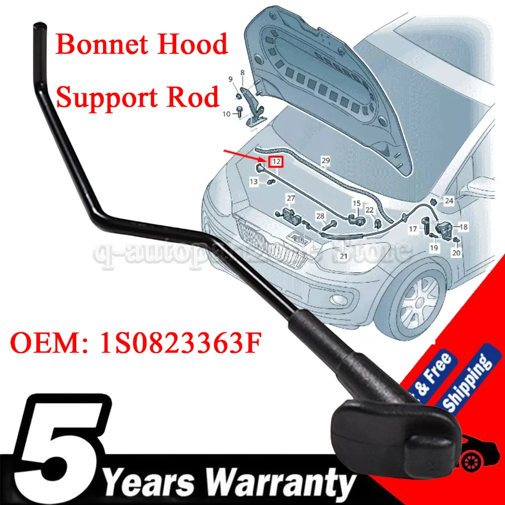 

Bonnet Hood Support Rod For VW Up Seat Mii Skoda Citigo E-Citigo 1S0823363F