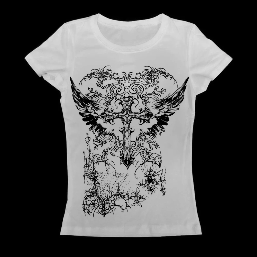 Dunkles Grunge-Damen-Langarm-T-Shirt mit Gothic-Flügel-Kreuz-Vintage-Muster, Y2K Slim Fit, weißes, kurz geschnittenes Oberteil – Detail 2
