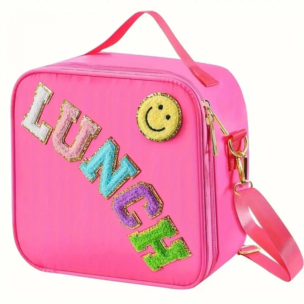 Towel Embroidery LUNCH Smiling Face Insulated Lunch Bag Cute Colorful Handheld Crossbody Lunch Bag Student Children's Portable L