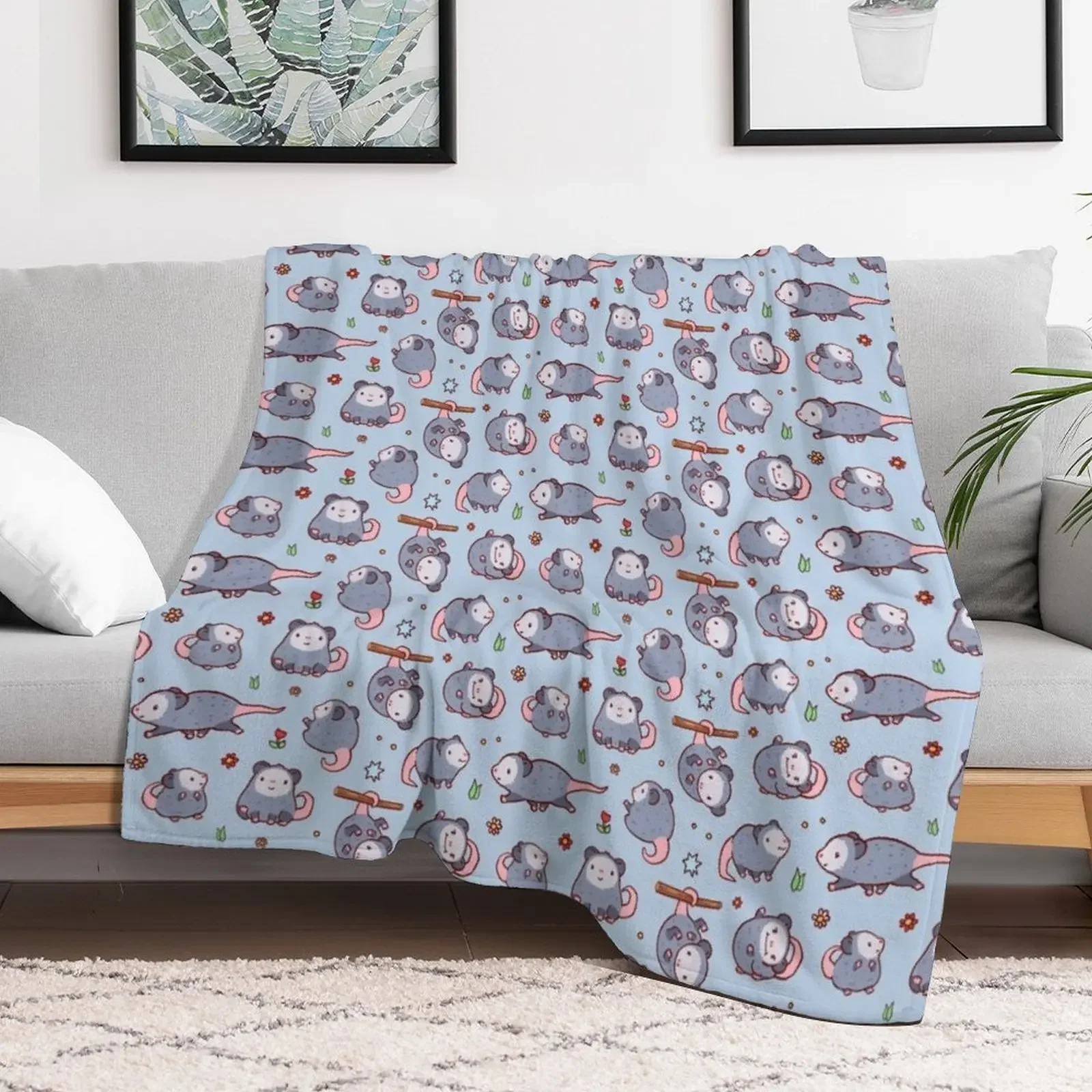 Cute opossum pattern in blue and grey colours, kawaii opossum Throw Blanket Luxury Thicken funny gift halloween Hairys Blankets