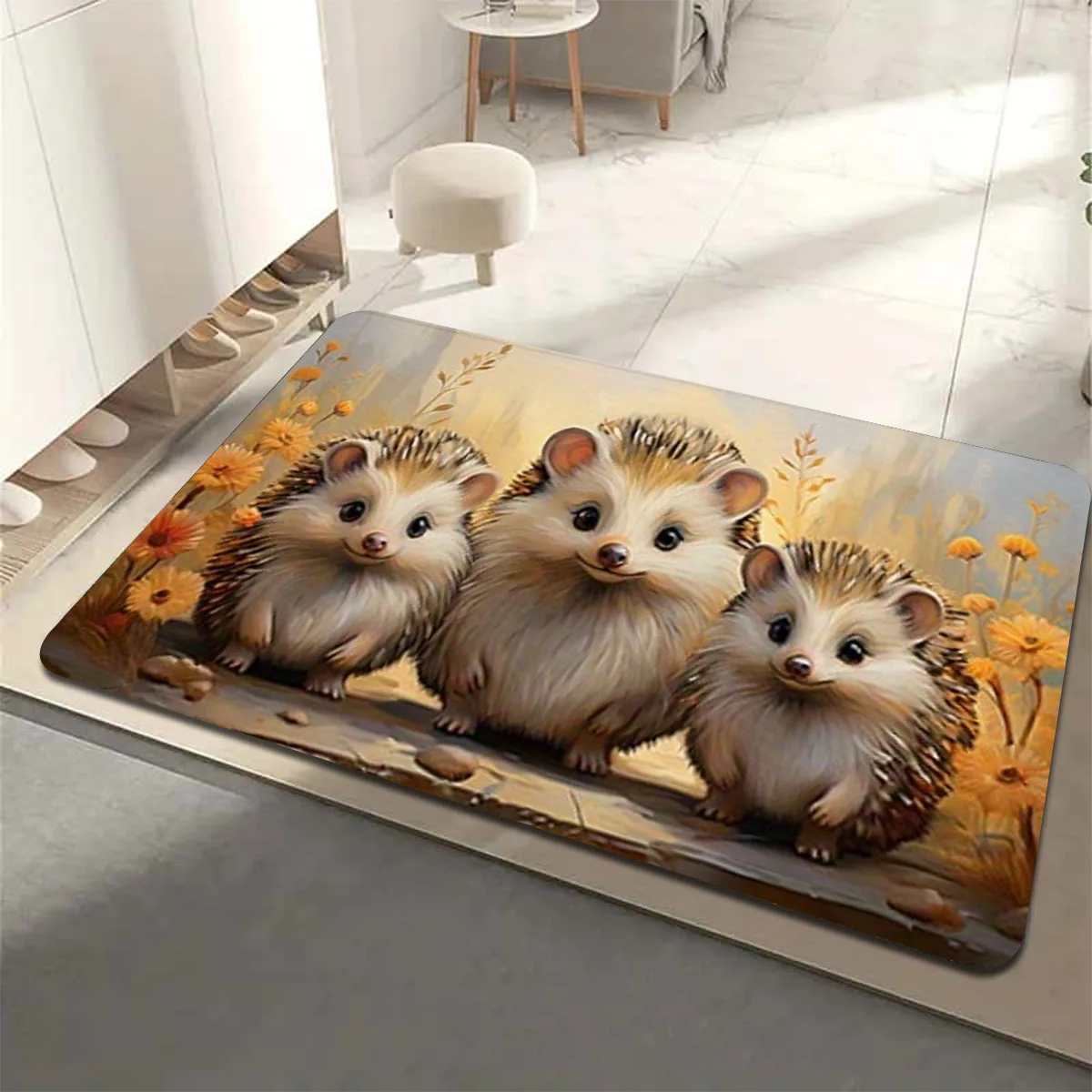 1pc of Floor Mat with a Cute Hedgehog Pattern and Autumn Flower Embellishment Design - Made of High-quality Flannel Material, Soft and Comfortable, Washable