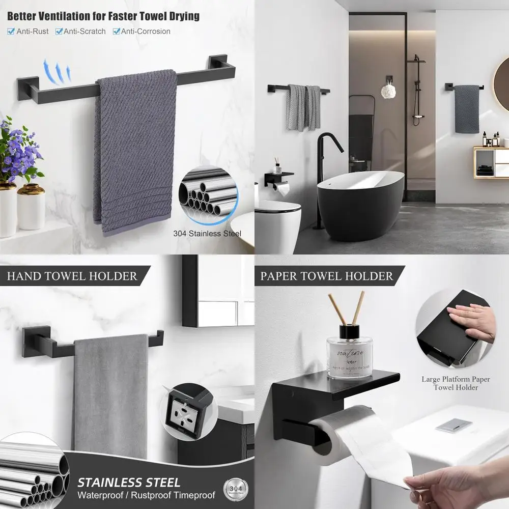 

Современный черный набор из 4 предметов для ванной комнаты: 24-дюймовая вешалка для полотенец, держатель для полотенец для рук, крючок для полотенец и держатель для туалетной бумаги с настенной полкой