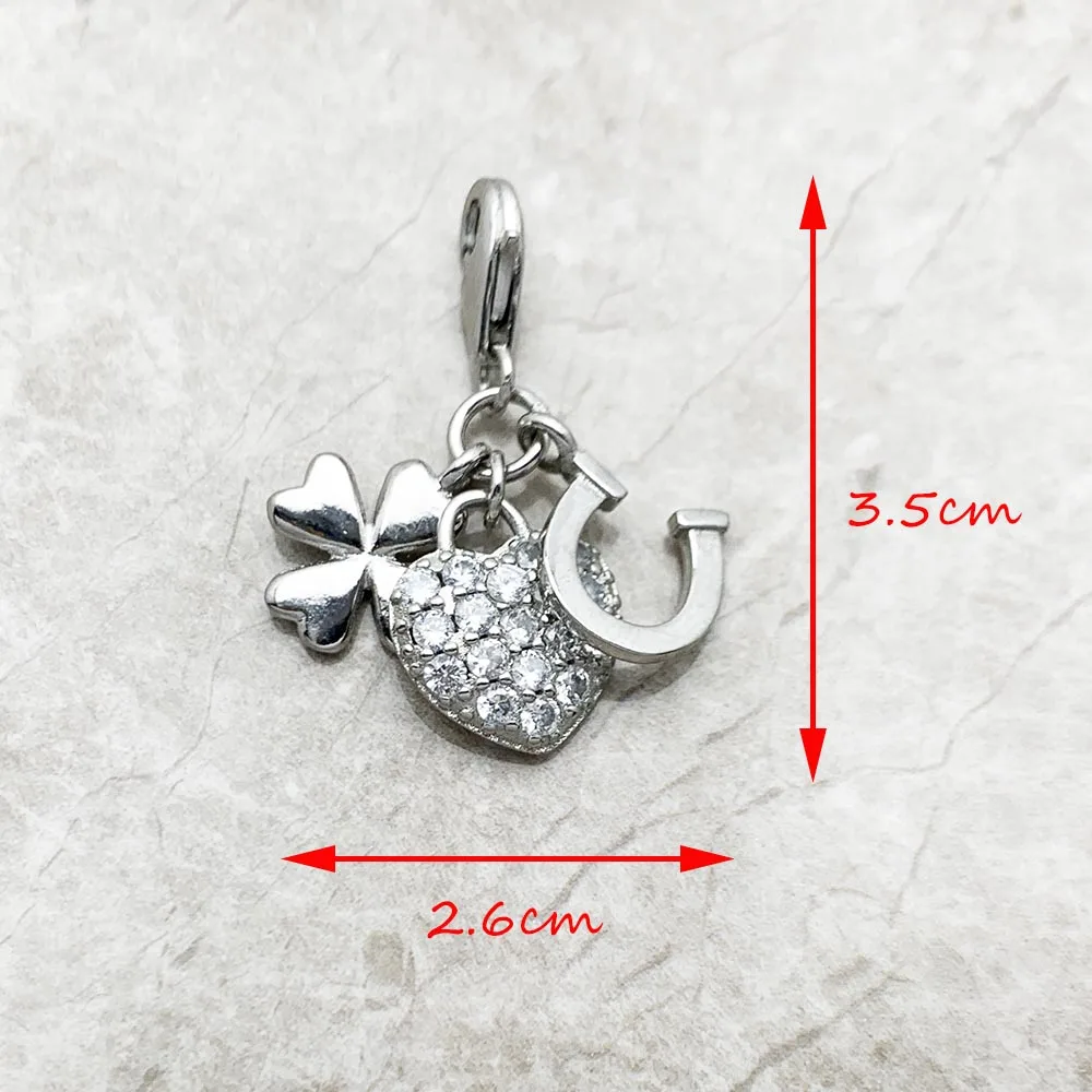 Heart, Cloverleaf And Horseshoe Pendant Charms Jewelry Trendy Women Men Solid 925 Sterling Silver Winter Lucky Gift