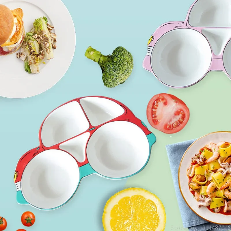Ceramic children's dinner plate fast food plate thickened anti-scalding healthy cartoon cute separated rice plate vegetableplate