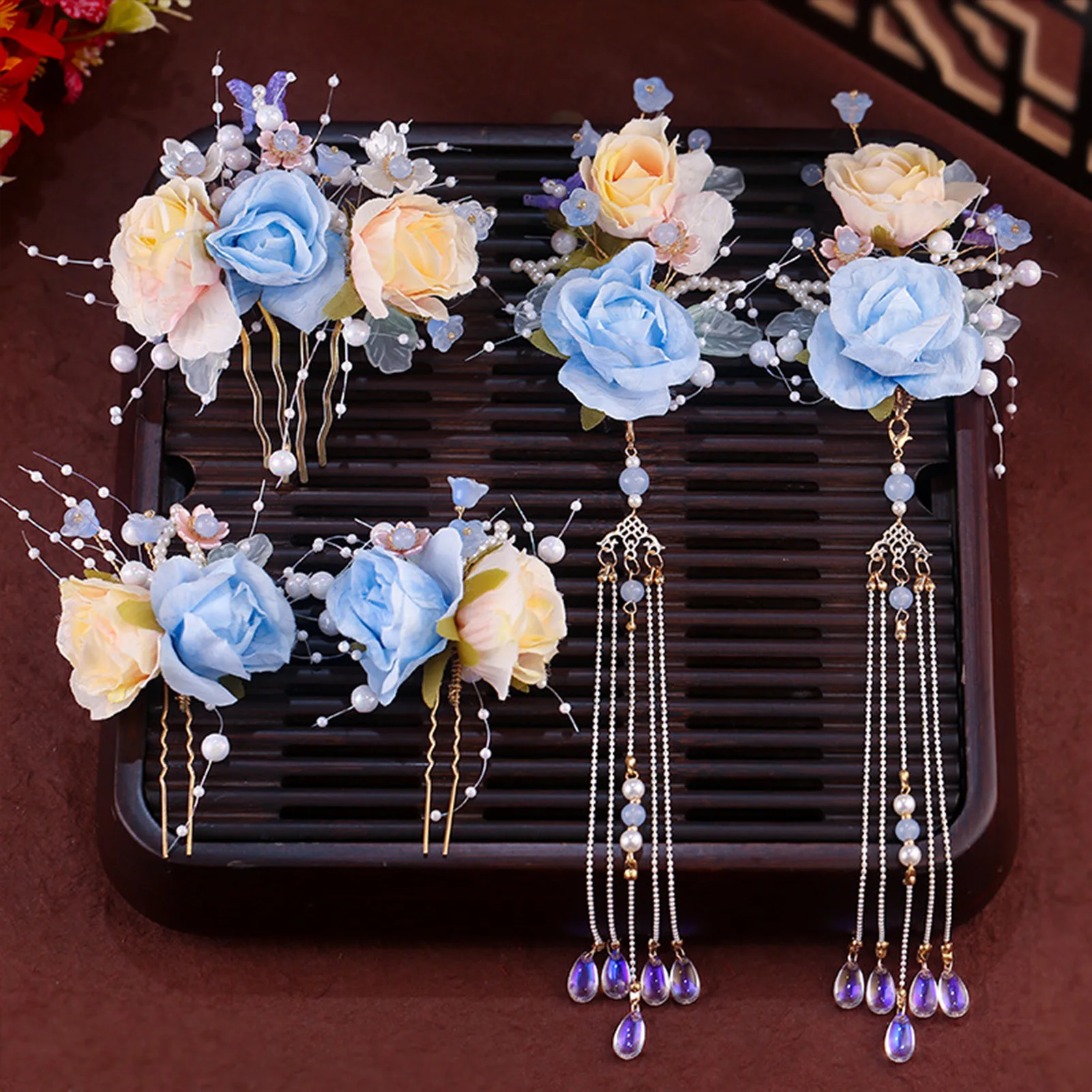 

5pcs Blue Silk Flower Hair Clips With Tassel Traditional Han Costume Hair Accessories Vintage Pearl Hairpin Retro Side Hair Comb