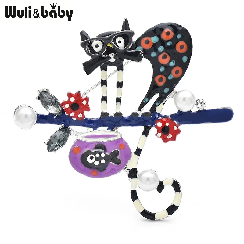 Wuli&baby Cartoon Spots Cat Brooches For Women Men 4-color Enamel Branch Fish And Pets Animal Party Causal Brooch Pins Gifts