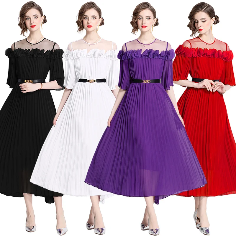 

2024 Mesh Splicing Three-dimensional Petal Pleated Dress Miyake with High-quality Sewing and Temperament, Pressed Pleated Skirt