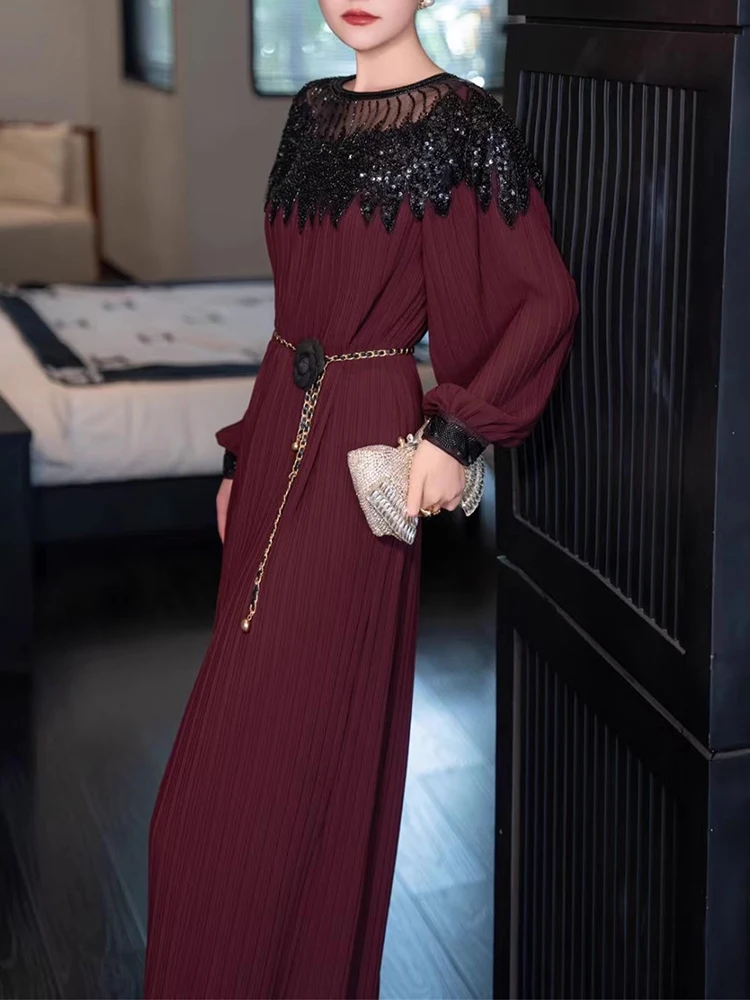 CHICEVER Spliced Sequins Elegant Dress For Women O Neck Lantern Sleeves Patchwork Metal Chain Pleated Loose Long Dresses Female