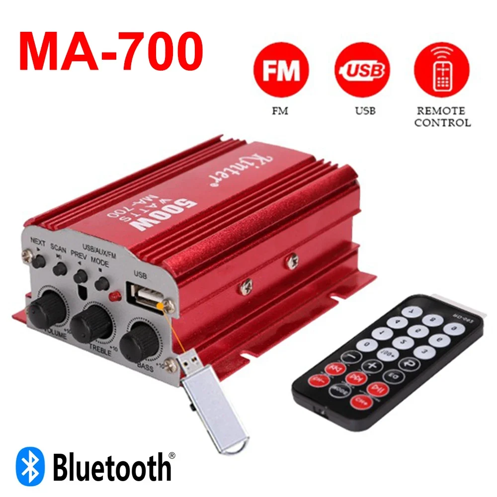 MA700 Car Bluetooth 5.0 Amplifier 2.0 Channel USB/MP3/FM High Power Mini Amplifier MP3 Amplifier Treble Adjustment 12V3A UK Plug