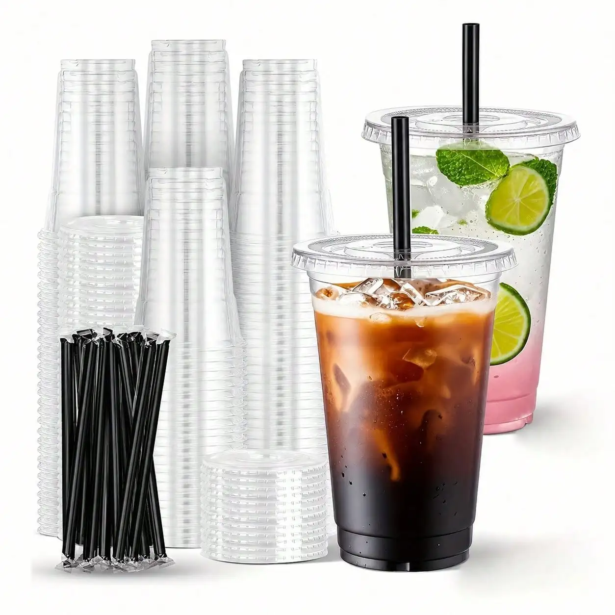 Clear PET Disposable Drinking Cups 50 Set With Lids Straws 16 20 24 Oz BPA Free Hold Cold Hot For Party Picnic Office Daily