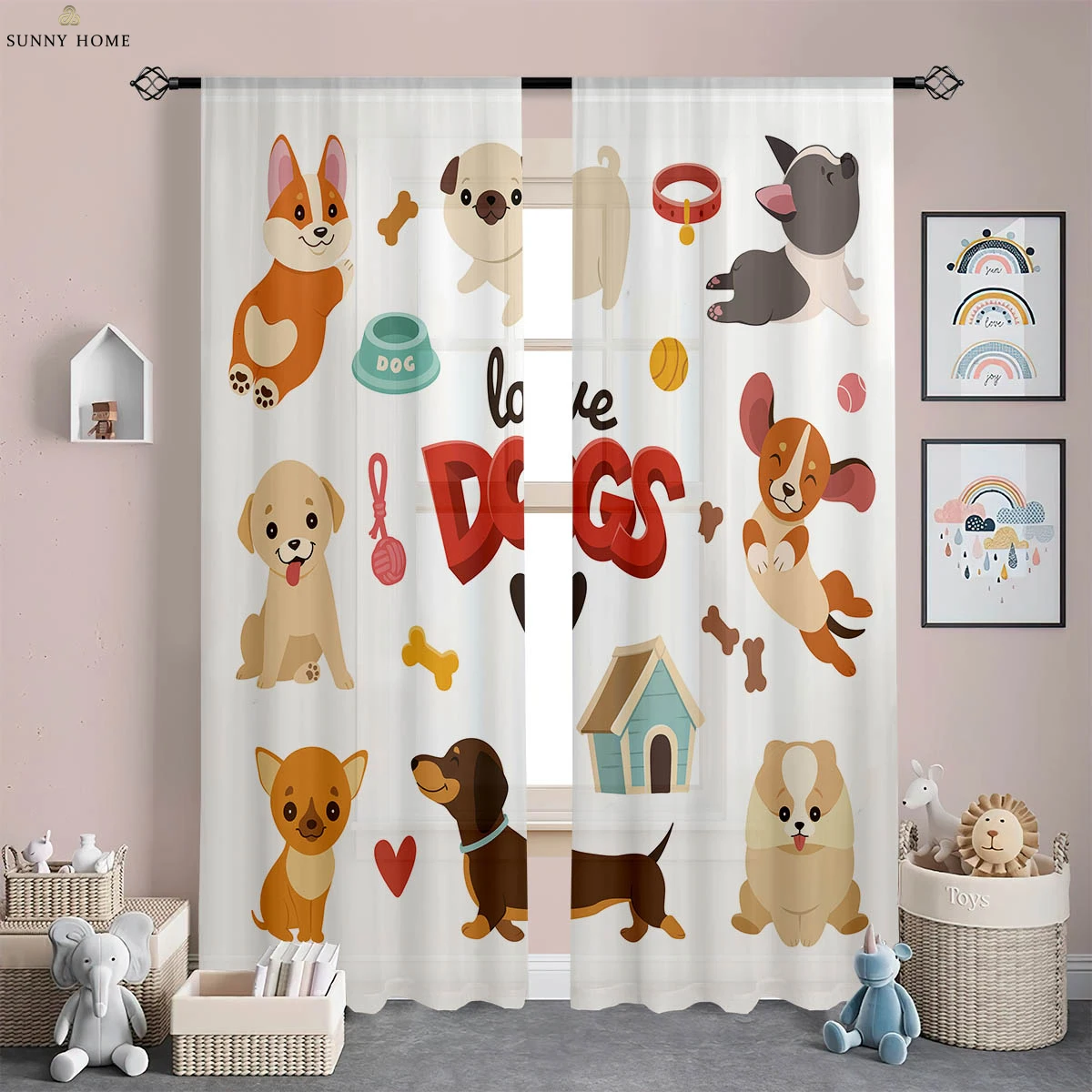 Window Curtains Cartoon Animal Dog Print Curtains Bedroom Living Room Kitchen Children's Room Decorative Curtains 2 Pieces